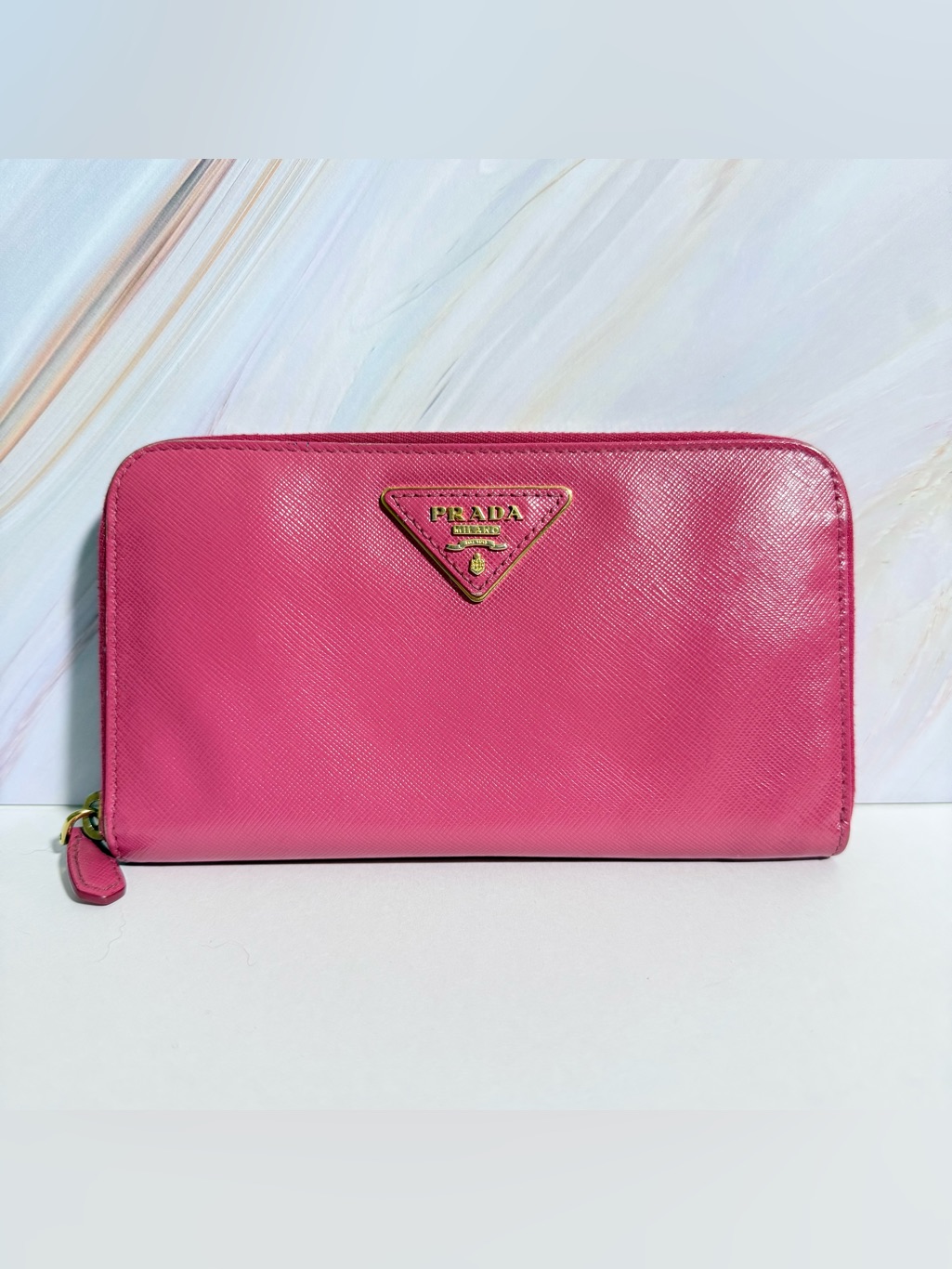 Prada Peonia (Pink) Saffiano Leather Zip Around Wallet